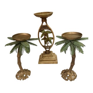 Late 20th Century Tropical Palm Tree Pillar Candle Holders - Set of 3 - Cast Metal - Gold & Verdigris - Coastal Maximalist For Sale