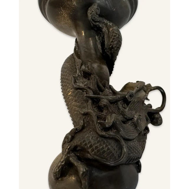 Bronze Pair of Late 19th Century Bronze Chinese Pricket Candle Holders Featuring the Imperial Dragon Chasing the Flaming Pearl of Immortality For Sale - Image 8 of 13