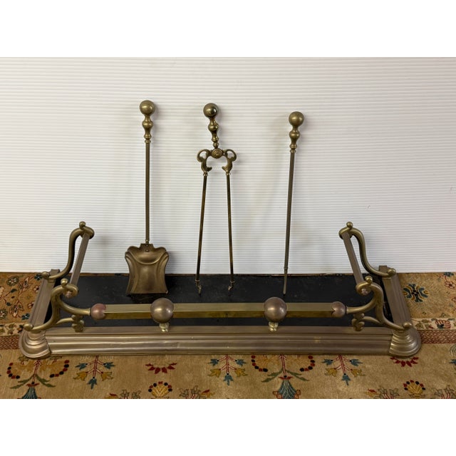 Late 20th Century Brass Fireplace Fender + Three-Piece Tool Set, Vintage For Sale - Image 5 of 12