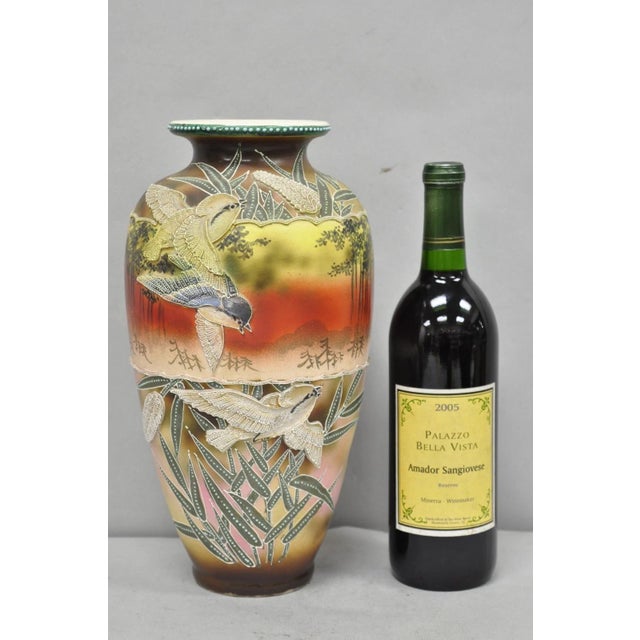 Antique Japanese Heavy Moriage Hand Painted Porcelain Oriental Bird Satsuma Vase. Circa Early 20th Century. Measurements:...