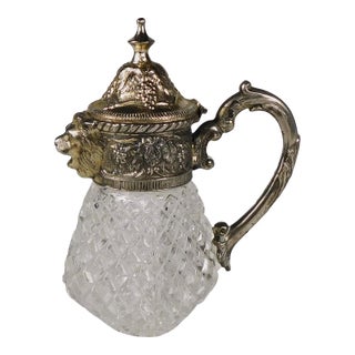 1920s Crystal Syrup Pitcher, Milk Jug, Creamer With Metal Lid With Animal Head Spout For Sale