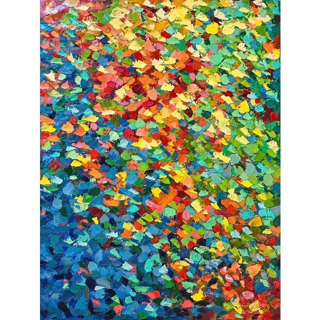 A lively and expressive original oil on canvas abstract painting featuring dense, textured palette-knife strokes in a rich...