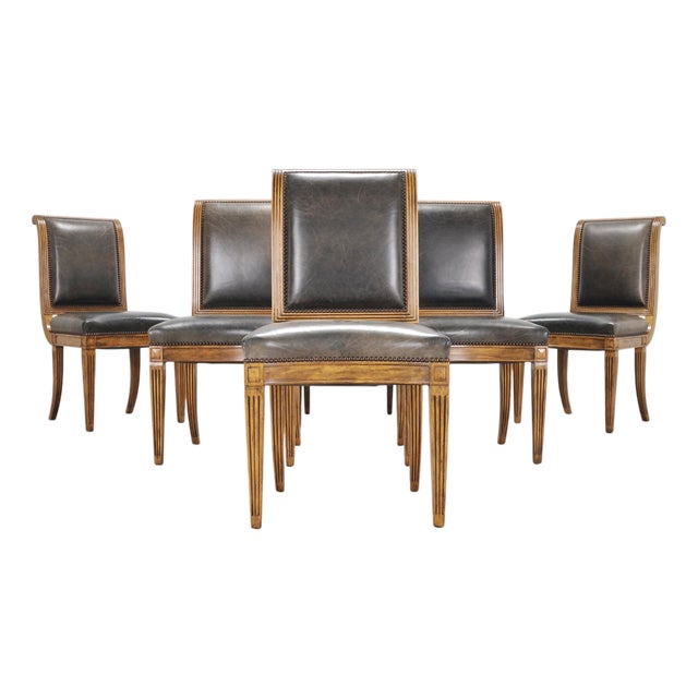 Set of Six Michael Taylor Regency Style Leather Dining Chairs For Sale