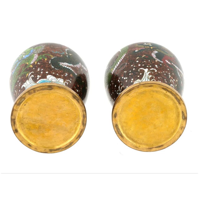 Copper Antique Pair of Meiji Japanese Cloisonne Enamel Goldstone Dragon Vases For Sale - Image 8 of 8