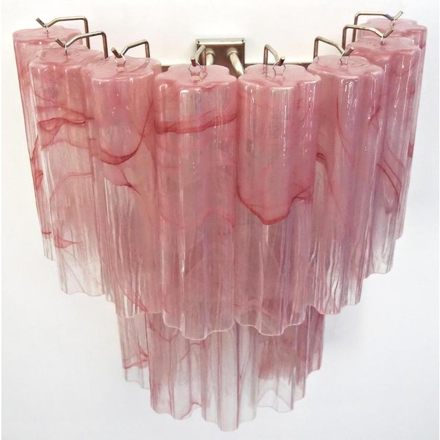Murano Glass Tube Wall Sconces with 13 Pink Alabster Glass Tube, 1990s, Set of 2 For Sale - Image 3 of 17
