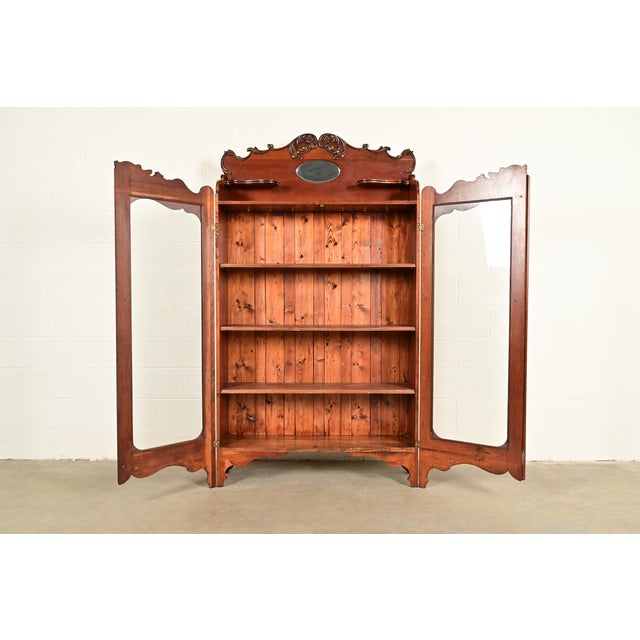 Late 19th Century Antique Victorian Carved Cherry Wood Two-Door Bookcase Cabinet, Circa 1880s For Sale - Image 5 of 12