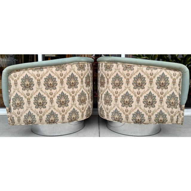 Wood Milo Baughman Swivel Chairs on Chrome Platform Bases From 70's/a Pair For Sale - Image 7 of 11