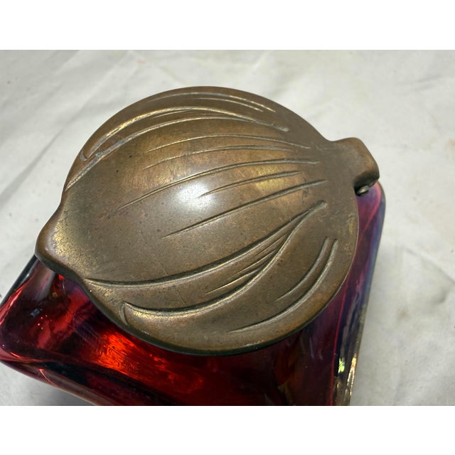 Metal Antique Carl Stolzle Austrian Art Nouveau Red Glass Bronze Writing Inkwell Jar For Sale - Image 7 of 18
