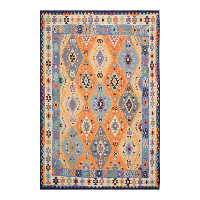 1990s Tribal Kilim Rust Blue Wool Rug - 8'5" X 10'1" For Sale