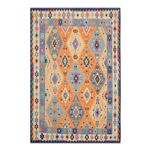 1990s Tribal Kilim Rust Blue Wool Rug - 8'5" X 10'1"
