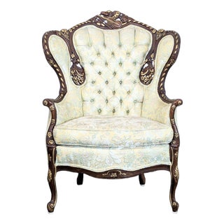 Hausske-Harlen 1981 Rococo Revival Carved Wood & Gilt High-Back Wing Chair For Sale
