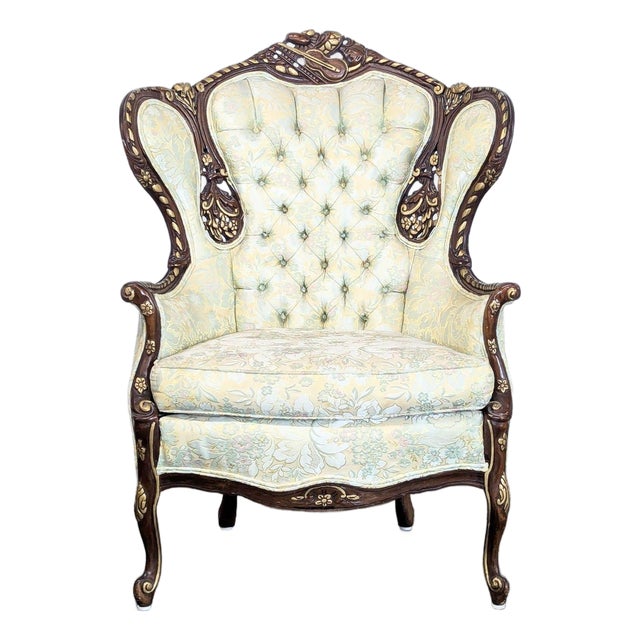 Hausske-Harlen 1981 Rococo Revival Carved Wood & Gilt High-Back Wing Chair For Sale