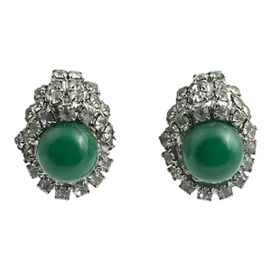 Kramer Faux Jade and Rhinestone Costume Earrings - 2 Pieces
