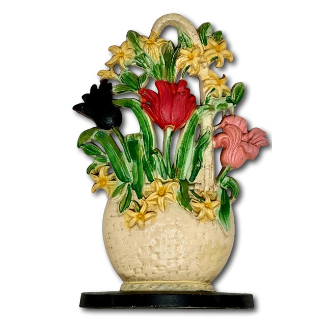 1930s Hard to Find 1930s Hubley MFG Co. Tulips & Hyacinths Flower Basket Cast Iron Doorstop in Pristine Cond. For Sale - Image 5 of 18