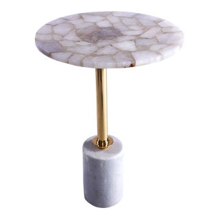 White Quartz Gemstone Side Table With Marble Base and Polished Brass Leg For Sale