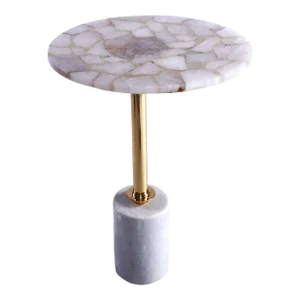 White Quartz Gemstone Side Table With Marble Base and Polished Brass Leg