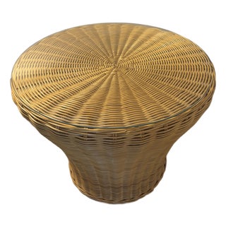 Vintage Woven Wicker Pedestal Side Table With Glass Top For Sale