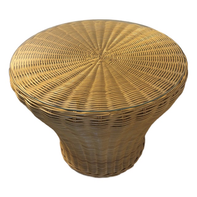 Vintage Woven Wicker Pedestal Side Table With Glass Top For Sale
