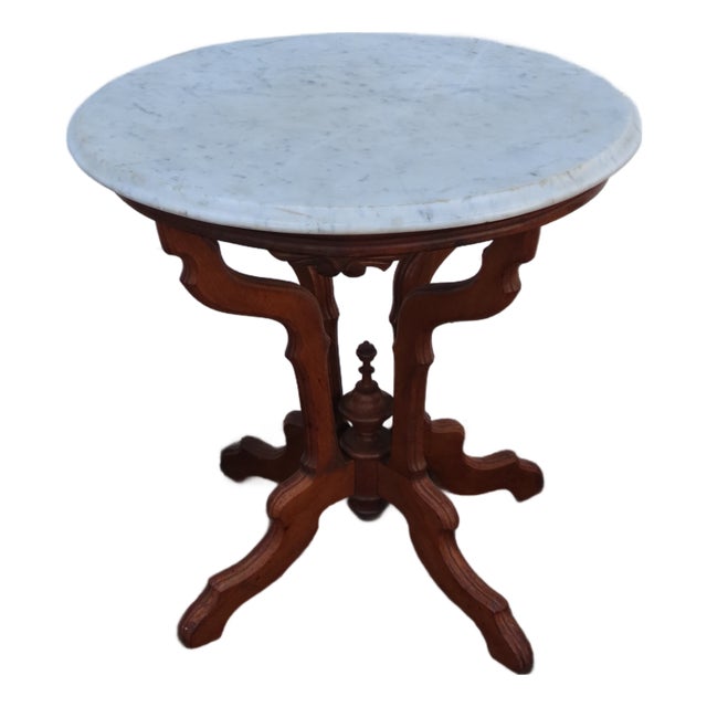 Late 1800s Victorian Eastlake Marble Top Carved Side Table 6909 For Sale