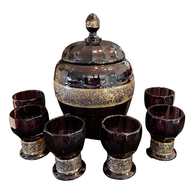 Complete Art Deco Amethyst Glass Punch Set, Germany, 1920s, Set of 7 For Sale