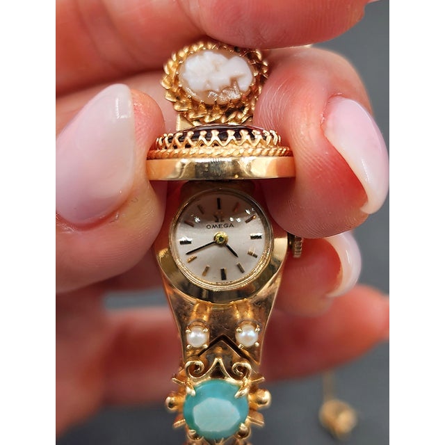 1950s 14k Yellow Gold Slide Charm Omega Gemstone Bracelet Watch For Sale In Chicago - Image 6 of 16