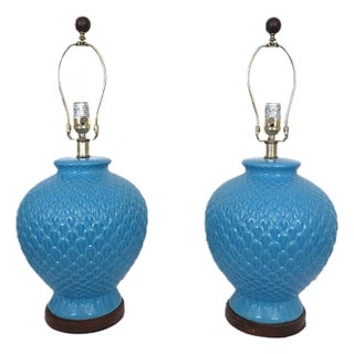 Pair of Ralph Lauren Designer Pineapple Table Lamps in Blue For Sale