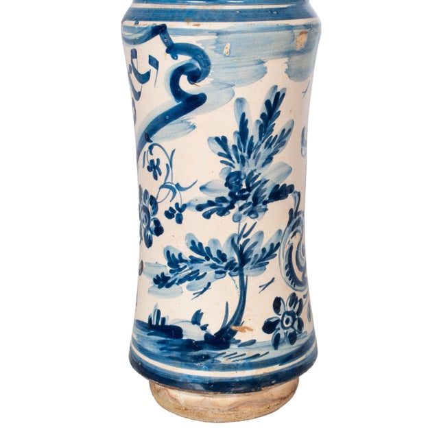 Pair of Antique 17th Century Spanish Blue & White Pottery Albarelli Drug Jars 1680 For Sale - Image 11 of 12