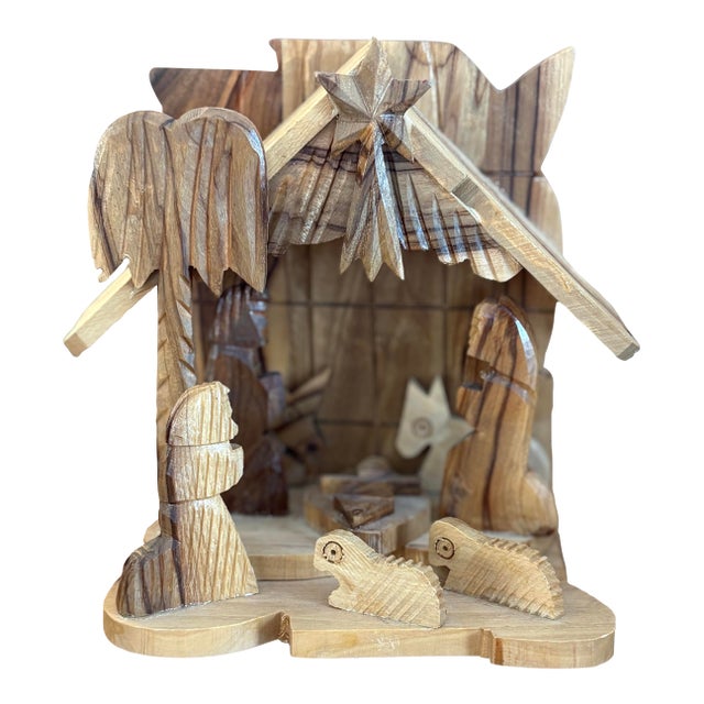 Vintage Hand-Carved Olive Wood Nativity With Integrated Stable – Holy Land- Bethlehem For Sale