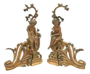 Antique French Louis XV / XVI Style Gilt Bronze Chenets - A Pair