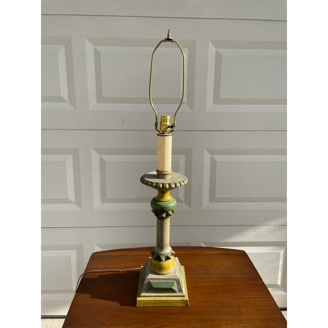 One of a kind Mid Century Modern geometric table lamp by Underwriters Laboratories. Painted wood design that still shows...