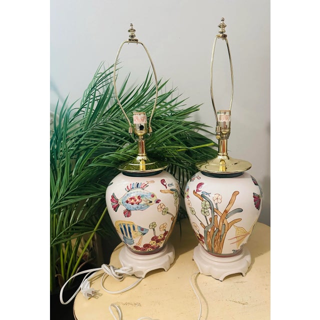 Vintage Hand Painted Coastal Fish Lamps - A Pair For Sale - Image 4 of 8