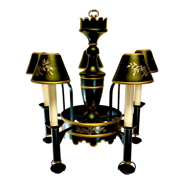 1970s Vintage Fredrick Cooper Italian Neoclassical French Empire Tole Chandelier, Hand Painted. For Sale