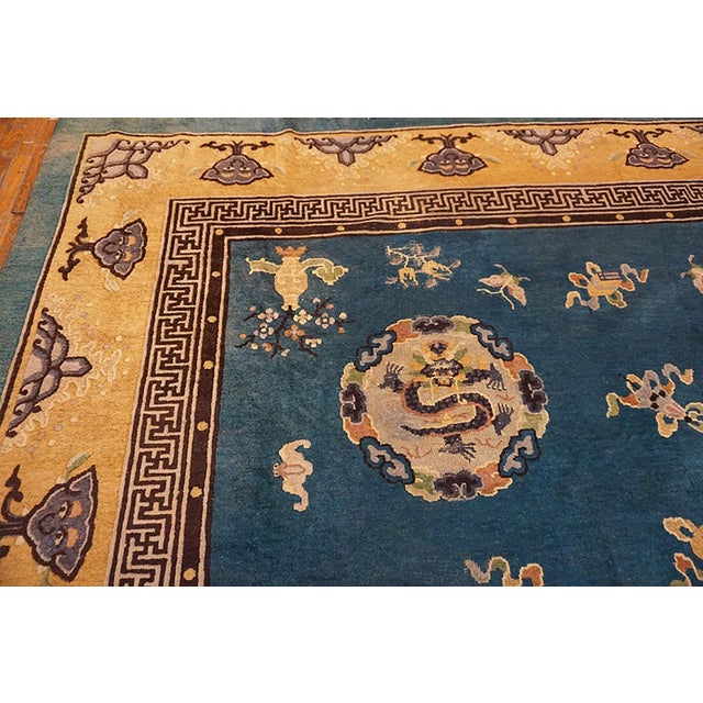 Royal Blue Background With Great Asymmetric Pattern and Allover-Medallion Design Antique Chinese Peking Rug For Sale - Image 9 of 11