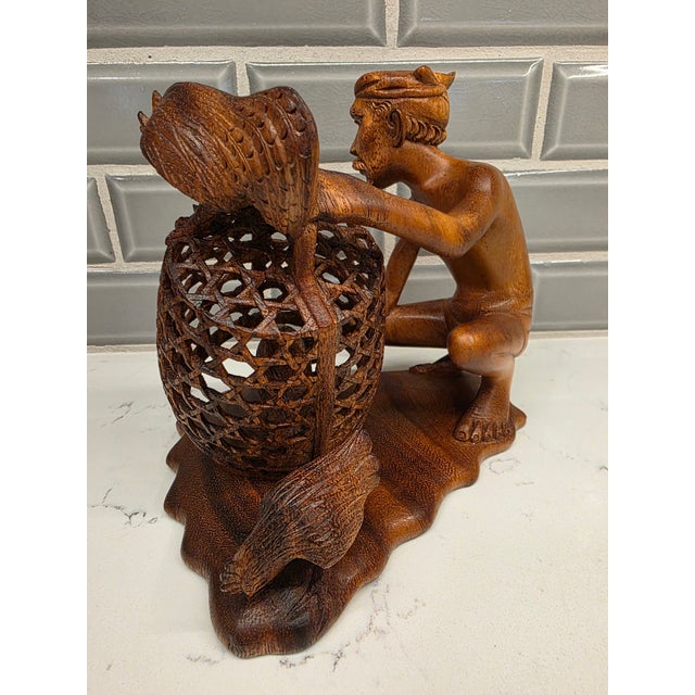 1950s Mid-Century Balinese Teak Cockfighter With Double-Rooster Openwork Cage Sculpture For Sale - Image 5 of 12