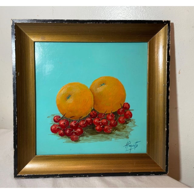 Vintage H Pauquette Fruit Orange Cherry Still Life Realism Oil Painting on Board For Sale - Image 4 of 10