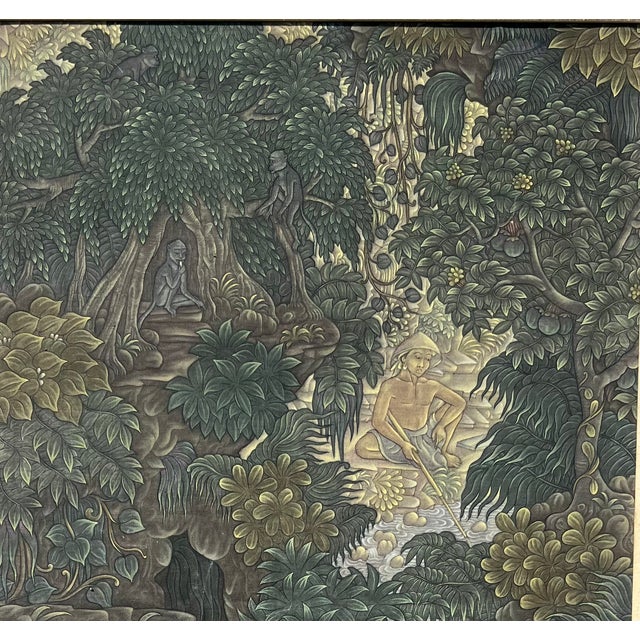 Tribal 1950s Large Traditional Balinese Framed Silk Signed Ubud Painting For Sale - Image 3 of 11