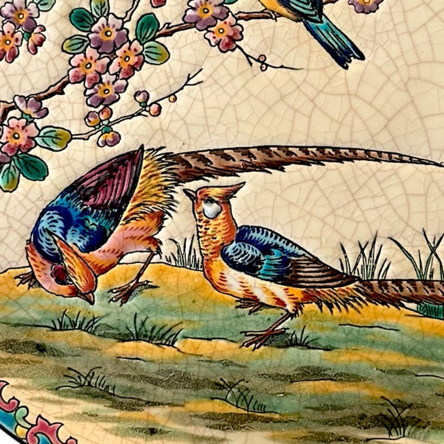 Chinoiserie Mid Century French Longwy Faience Decorative Plate With Birds, 13″ – Émaux De Longwy For Sale - Image 3 of 7