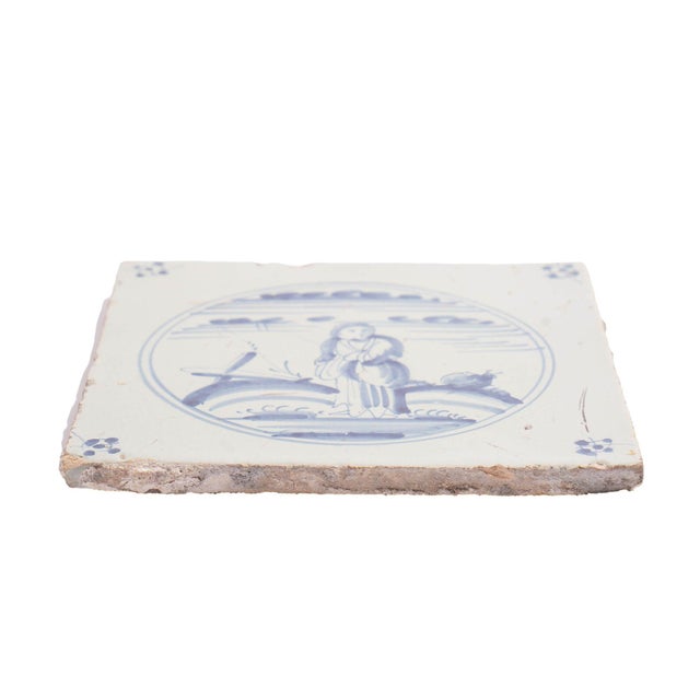 Delft Faience Tile of a Girl in a Landscape, C. 1700’s For Sale - Image 4 of 5