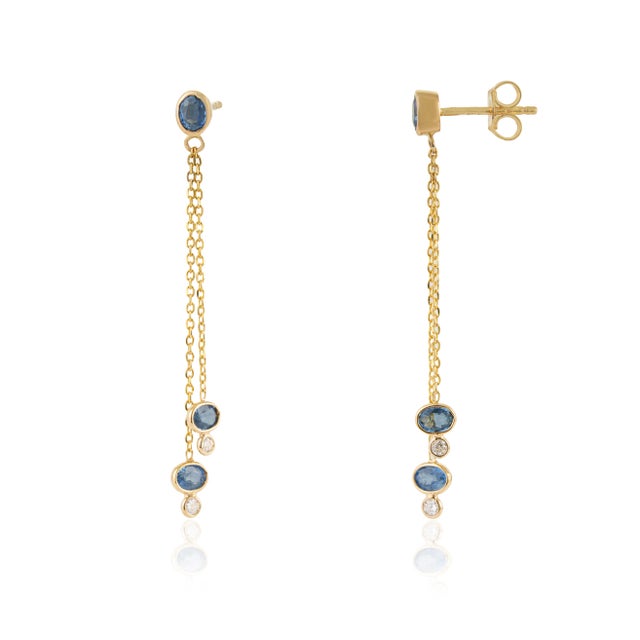 18k Gold Linear Drop Dangle Earrings With 1.2ct Blue Sapphire & Diamond- A Pair For Sale - Image 4 of 14