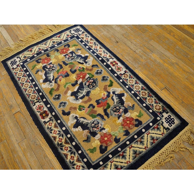 Early 20th Century Chinese Silk & Metallic Thread Foo Dog Rug 2'7" x 4'2" - 79 x 127 Antique Silk Small Scatter Size Silk...