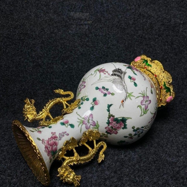 Ceramic Vintage Gilt Bronze Mounted Porcelain Vase - Famille Rose Floral Motif For Sale - Image 7 of 9