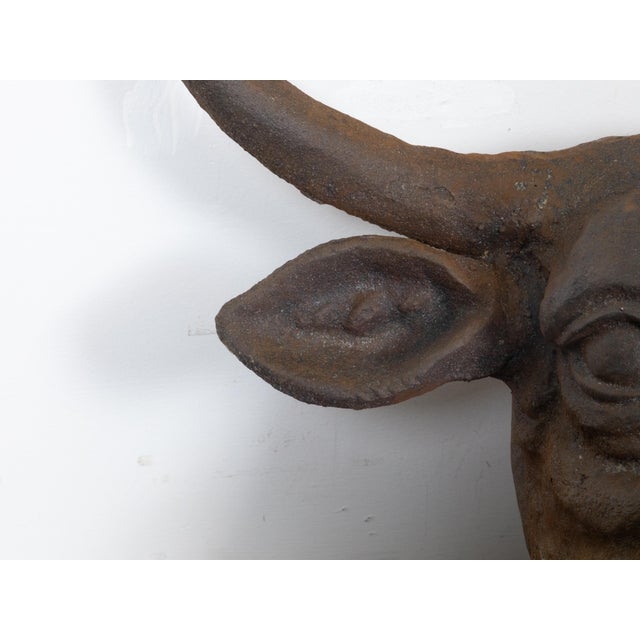 Metal English 1930s-1940s Cast Iron Bull Wall Hanging Sculpture with Rusty Patina For Sale - Image 7 of 11