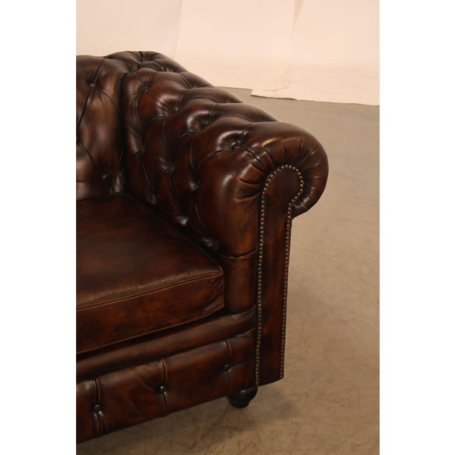 Wood Chesterfield Style Tufted Brown Leather Sofa For Sale - Image 7 of 18
