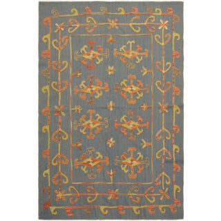 1990s Shabby Chic Embroidered Ikat Kilim Blue Wool Rug- 5′11″ × 8′ For Sale