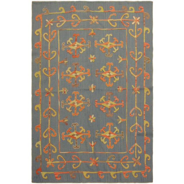 1990s Shabby Chic Embroidered Ikat Kilim Blue Wool Rug- 5′11″ × 8′ For Sale
