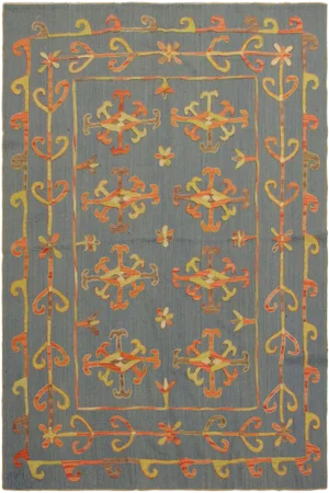 1990s Shabby Chic Embroidered Ikat Kilim Blue Wool Rug- 5′11″ × 8′