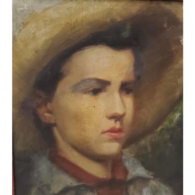 Antique Oil Portrait of a Young Boy in a Straw Hat For Sale - Image 17 of 18