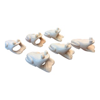 Mid 20th Century Hand Carved Bone Frog Napkin Rings Asia - Set of 6 For Sale