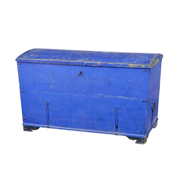 Blue Antique Painted Pine Dome Top Trunk, 1866 For Sale - Image 8 of 8