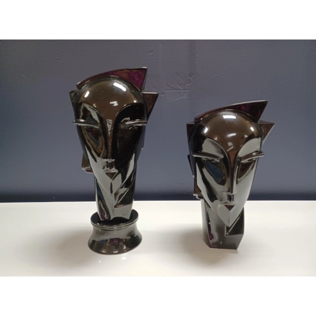 1980s Set of Art Deco Ceramic Glazed Head Sculptures For Sale - Image 4 of 4